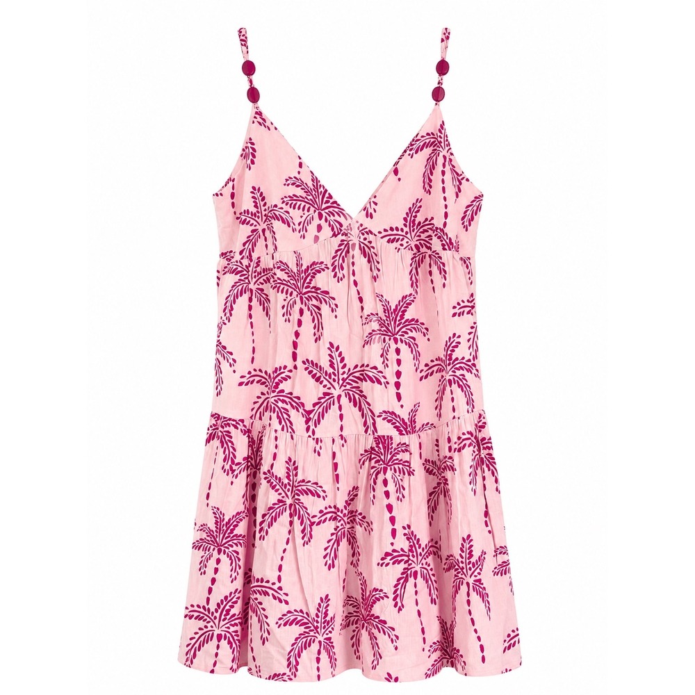 NWT True Destinations Sundress Small Pink Palm Tree Beaded Strap Resort Boho